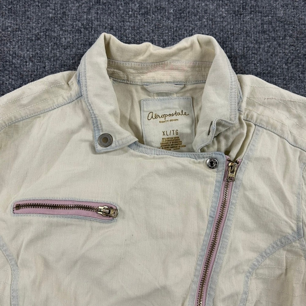Aeropostale Jacket Womens XL Cream Moto Asymmetrical Zip Cotton Blend Stain